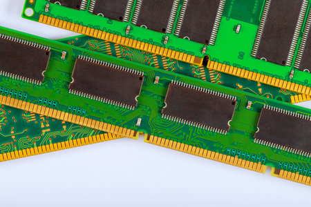 Detailed representation of computer RAM modules with complex circuit patterns visible against clean background.の写真素材