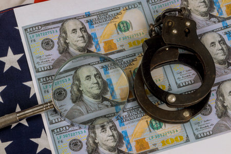 Handcuffs rest top multiple US hundred dollar bills while magnifying glass focuses on one bill...
