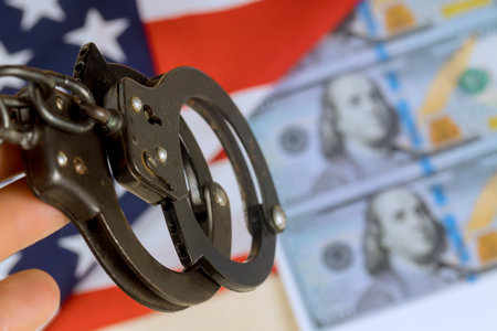 Handcuffs held firmly with counterfeit US money in background serious mood reflects caution apprehensionの写真素材