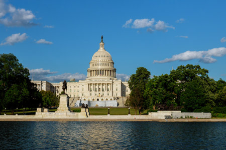 Visitors enjoy sunny day at U.S. Capitol reflecting in water surrounded by trees in Washington DC.の写真素材
