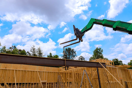 Heavy telehandler machinery lifts steel beam at construction site surrounded by wooden frames