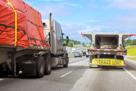 Large trucks carry oversized loads on crowded highway transportation in motion.の写真素材