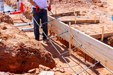 Worker positioning reinforcement bars in wooden framework at construction site during foundation zoneの写真素材