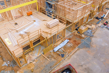 Construction workers are assembling wooden frames at site with materials scattered around on works...