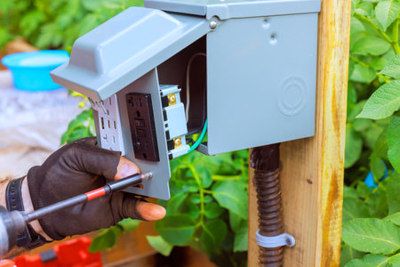 Electrician worker is installing USB ports an outdoor electrical outlet box while tending to...