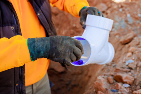 Plumber in gloves connects plumbing fitting sewage pipe while working in trench at construction site...