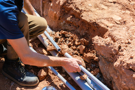 Worker is fixing electrical pipes in trench with dirt rocks scattered around in works dayの写真素材