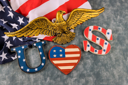 Festive arrangement showcasing an eagle symbols of United States, perfect for national celebration event.の写真素材
