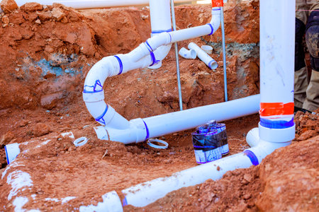 Workers install sewage PVC pipes in trench at construction site, ensuring proper drainage plumbing setup.の写真素材