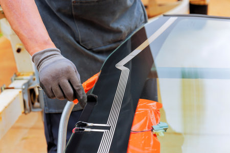 Technician carefully applies adhesive to edge of car windshield during installation windshield at workshop.の写真素材