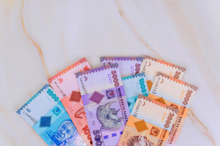 Various Tanzanian shilling banknotes in vibrant colors are spread out on smooth, light colored surfaceの写真素材