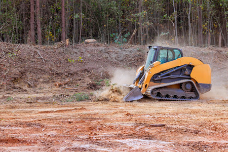 Excavator removes trees, clears land in rural setting, preparing area for upcoming construction activities.の写真素材