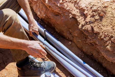 Construction worker laying electrical pipes in trench under works day