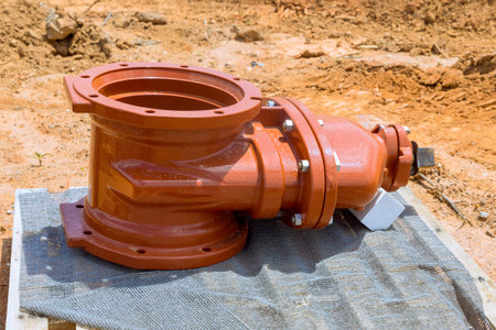 Large, orange pipe fire fitting rests waiting to be installed on wooden platform at construction site under works dayの写真素材