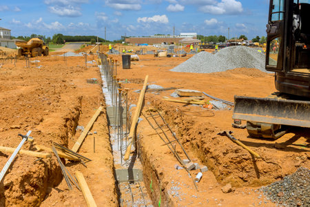 Workers are constructing building foundations with machinery on works day at large construction...