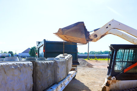 Heavy machinery is in operation, transferring large concrete blocks onto waiting truck under works...