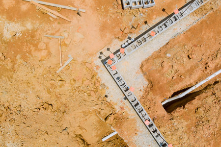 Workers are busy laying foundation for new building at construction site under works day.の写真素材
