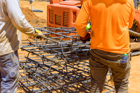Construction workers carry stack of steel rebar while preparing for building work in construction...