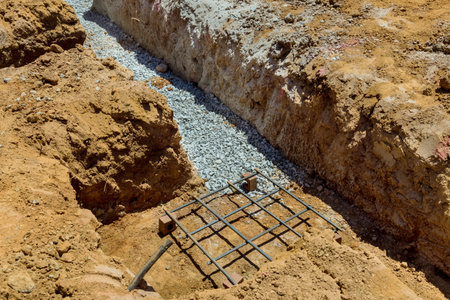 Excavation work reveals trench filled with gravel, ready for construction of building foundation on construction workの写真素材
