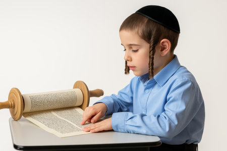 Jewish child wearing traditional attire carefully studies religious scroll at table, focusing intently on jew text.の素材