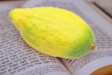 1 August 2025 Jerusalem Israel Traditional Jew symbols yellow etrog sits atop an ancient manuscript with Hebrew writing, symbolizing tradition during Jewish festival of Sukkotの写真素材
