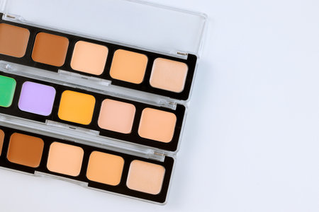 Clear case holds neatly organized foundation concealer shades, ready for smooth makeup application.
