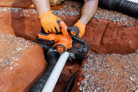 Worker uses power tool to cut PVC pipe through soil while installing drainage pipes in yard.