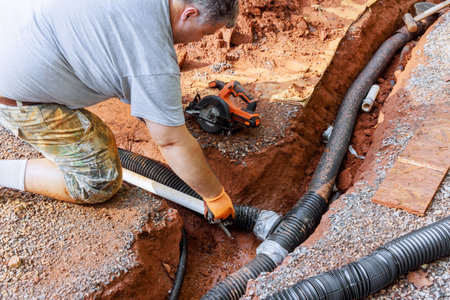 Worker lays drainage pipes in trench at home construction site as part of ground preparation for plumbing.の写真素材