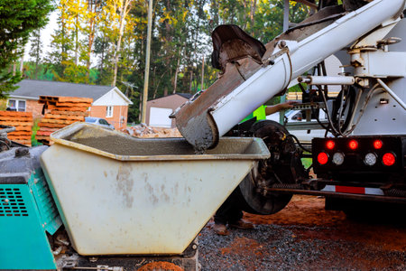 Workers use concrete pump to fill mixer wheeled concrete wheelbarrow to base foundation at...