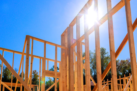 Wooden structure beams takes shape on new home construction activity amidst serene landscape.