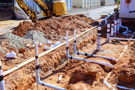 Workers are laying down pipes in trench at construction site for drainage system