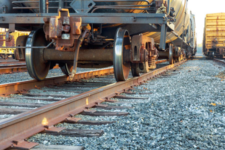 Train wheels rest on tracks at rail yard near industrial buildings
