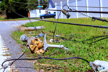 Power pole is down on grass with tangled wires scattered near road following hurricane storm in...