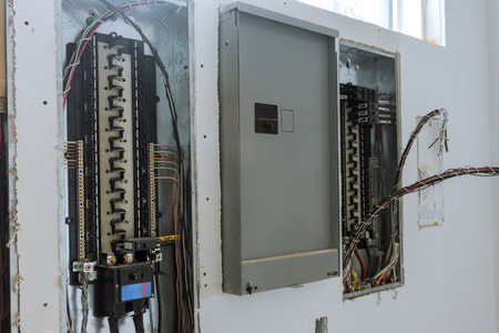 Workers are inspecting electric panels that are open wires connections are panels in building...