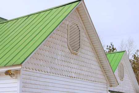House has green roof, white siding setting is rural area with overcast skies above.の写真素材