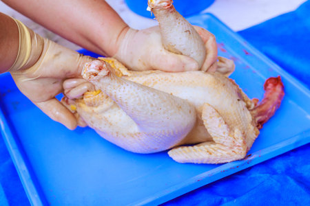 Butcher hands wearing gloves are holding chicken on blue cutting board in kitchen setting for meal...