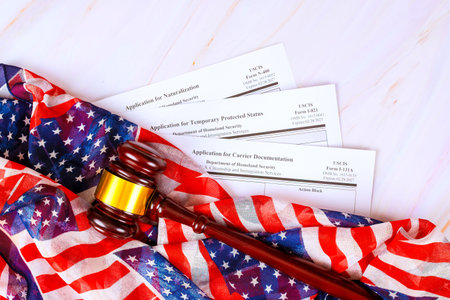 Various forms for immigration processes are placed on an American flag with laws gavel showing legal...