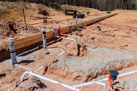Workers prepare ground for structure with pipes laid out wooden forms ready for pouring concrete...