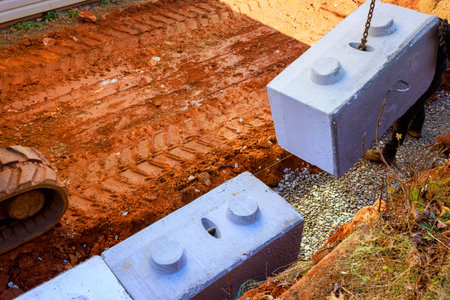 Workers are positioning large concrete blocks at construction site with machinery to place it at...