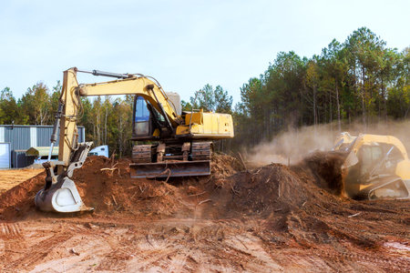 Heavy machinery works on construction site, moving soil clearing tree stumps in forest area.