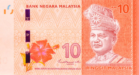 Ten ringgit cash banknote flower, portrait of figure from Malaysia history its national bank Negara...