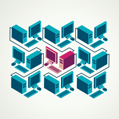 computer pc display monitor connect networkのイラスト素材