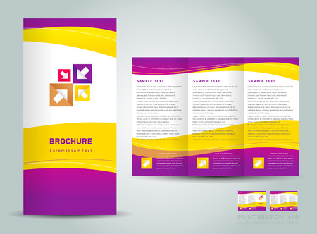Vector brochure tri-fold layout design template yellow violet white color curves backgroundのイラスト素材