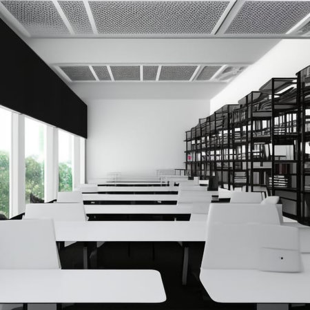 Interior of a modern office with white walls, black and white tables and chairs. 3d renderingの素材