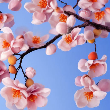 Beautiful pink magnolia flowers on blue sky background, closeupの素材