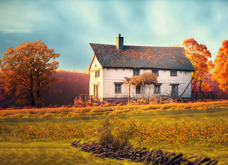 Autumn landscape with old house in the countryside. Vintage style toned pictureの素材