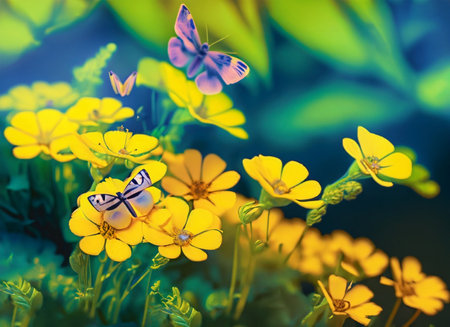 Butterflies on yellow flowers. Floral background. Selective focus.の素材