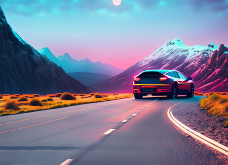 Car driving on the road in the mountains at sunset. 3d renderingの素材