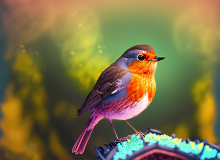 Robin bird on a colorful background. Bird in the nature. Beautiful bird.の素材