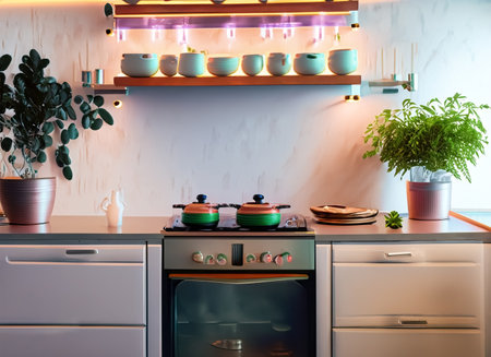 Modern kitchen interior design with built-in gas stove, oven and plantsの素材